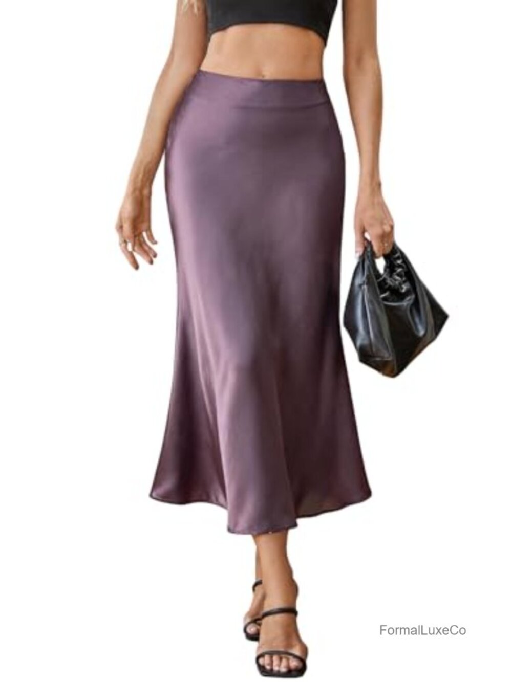 Satin High Waisted Fishtail Flowy Midi Skirt A-Line Party